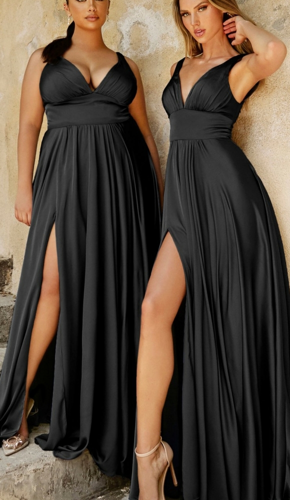 V neckline,  like satin long dress with leg slit, black,blue,pink, green,red,